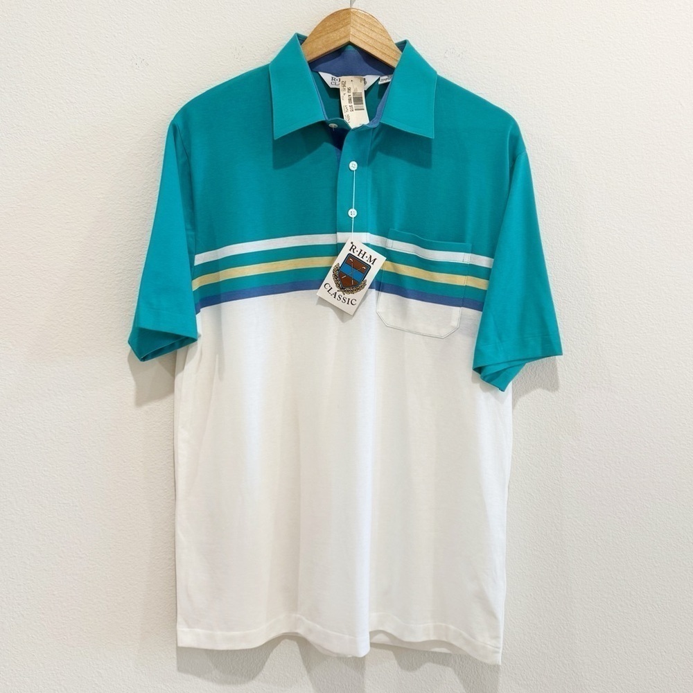 Vintage RHM Classic Men's Golf Polo Shirt Short Sleeve Green Striped Size L
